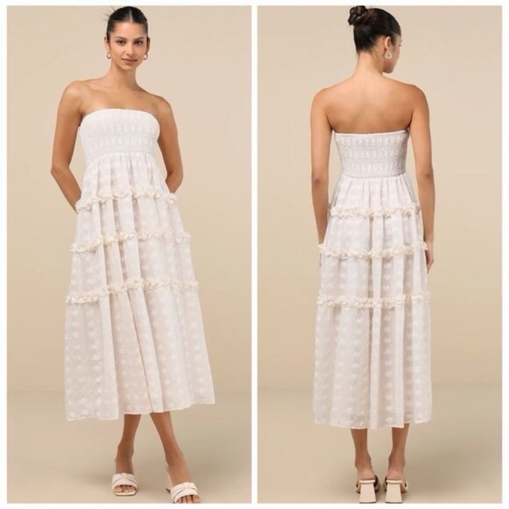 Lulu’s Ivory Floral Strapless Tiered Bridal Midi Dress - NWT!